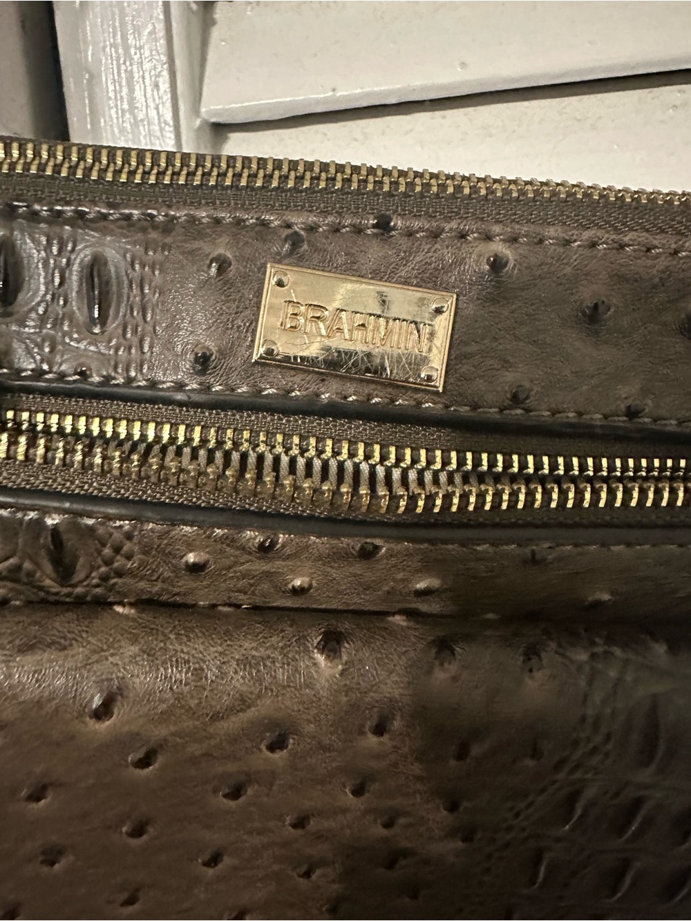 Brahmin Dark Brown Ostrich-Embossed Leather Crossbody Shoulder Bag - Picture 5 of 7